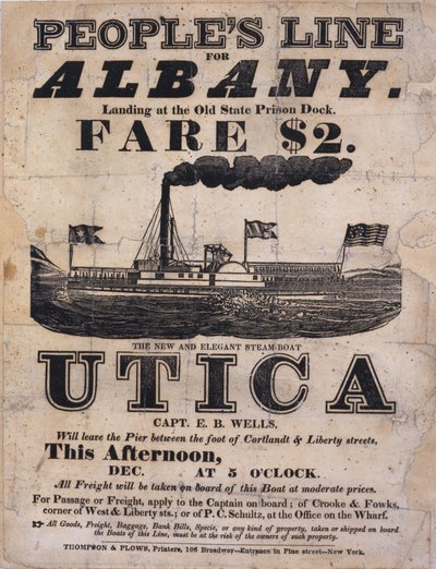 Broadside advertising Peoples Line for Albany, The New and Elegant Steamboat Utica by American School
